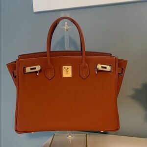 Brown Leather Structured Tote Bag with Gold Hardware